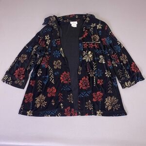 Vintage The Travel Collection Cardigan 1X Black Red Floral Geometric‎ Open Front